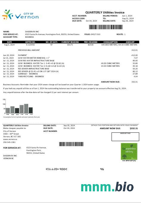 USA Kanada Miasto Vernon water rachunek za usługi komunalne szablon w formacie Word i PDF